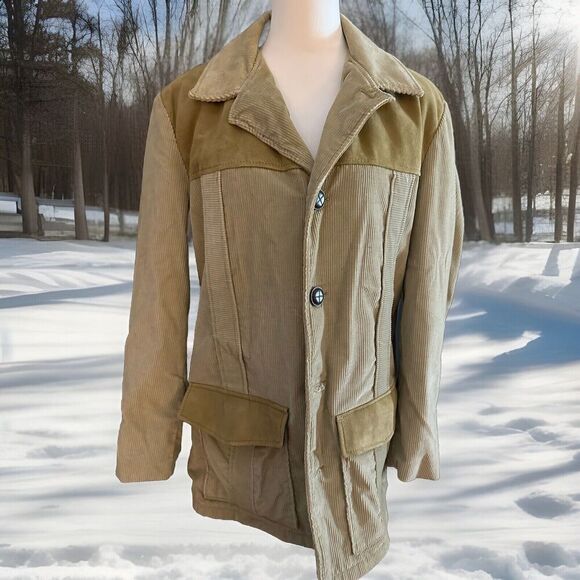 Vintage 70s 80s Genuine Heavy Suede Leather Jacket Tan With Leather Patches SZ L - Picture 1 of 5